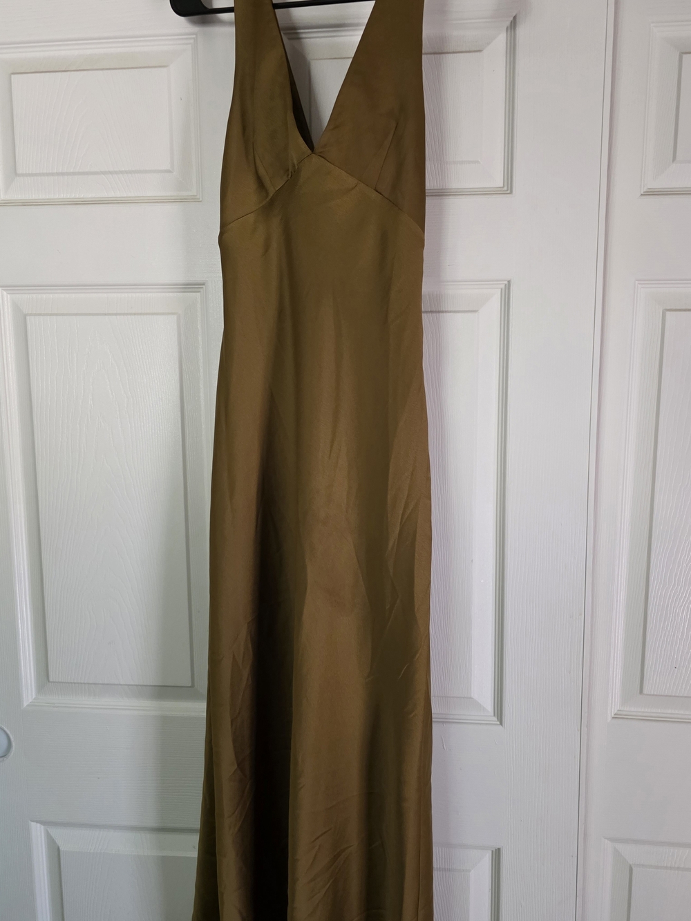 Zara Satin V-Neck Maxi Dress in Olive Gold Green - Picture 7 of 7